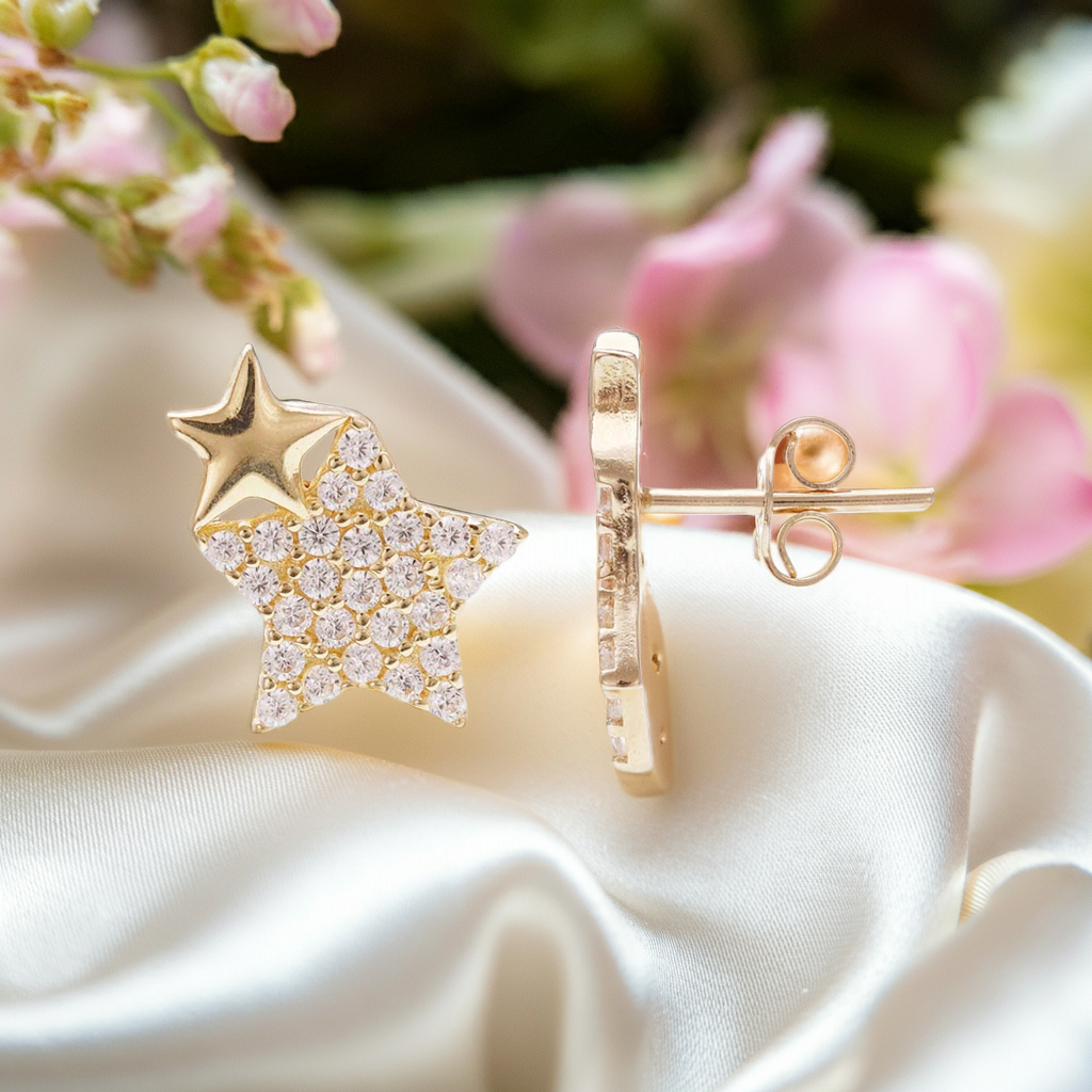 14ct Yellow Gold Double Star Stud Earrings