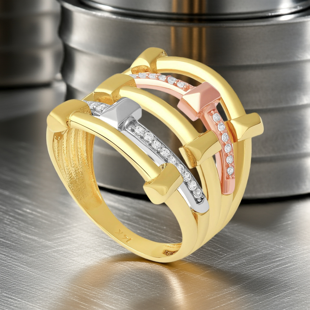 14ct Tri Colour Gold Cubic Zirconia Caged Ring