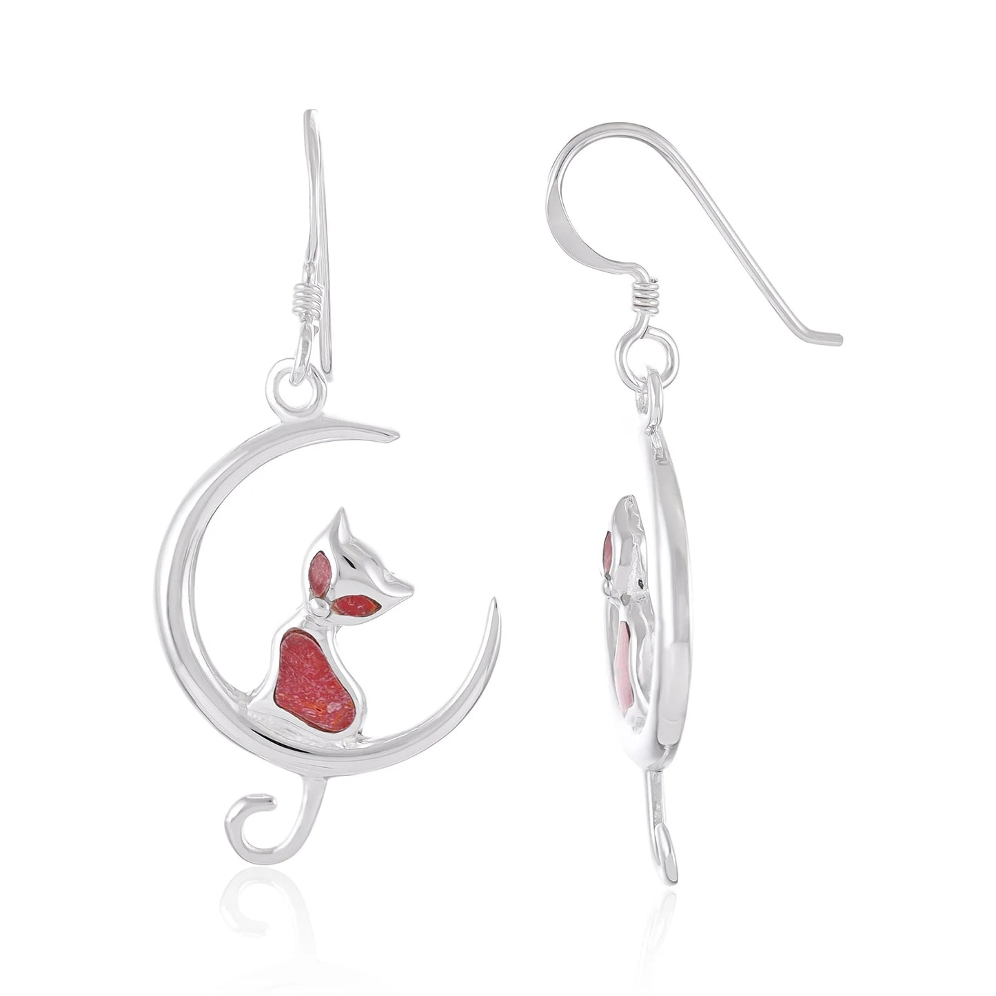 925 Sterling Silver Cat and Moon Drop Earrings