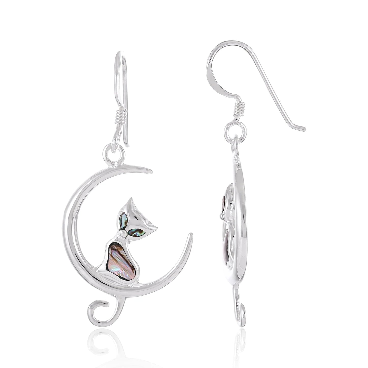 925 Sterling Silver Cat and Moon Drop Earrings