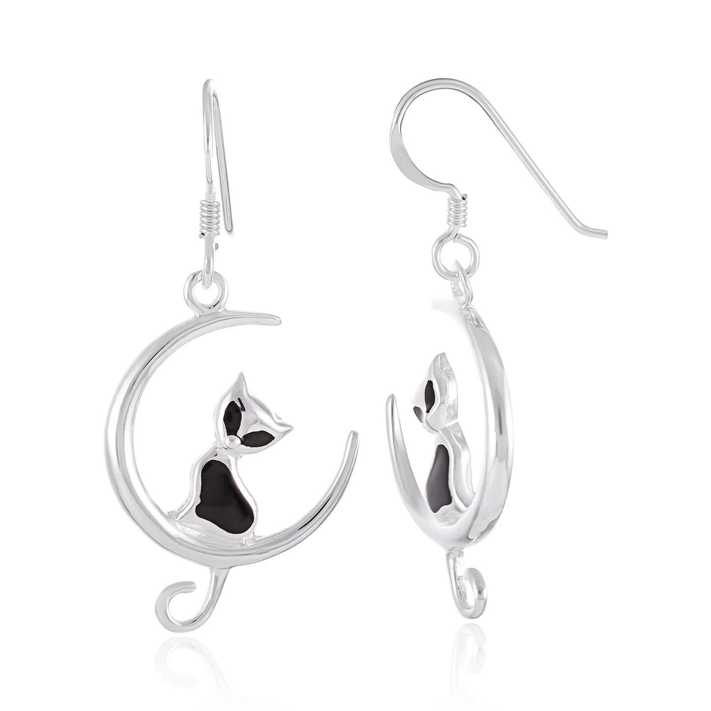 925 Sterling Silver Cat and Moon Drop Earrings