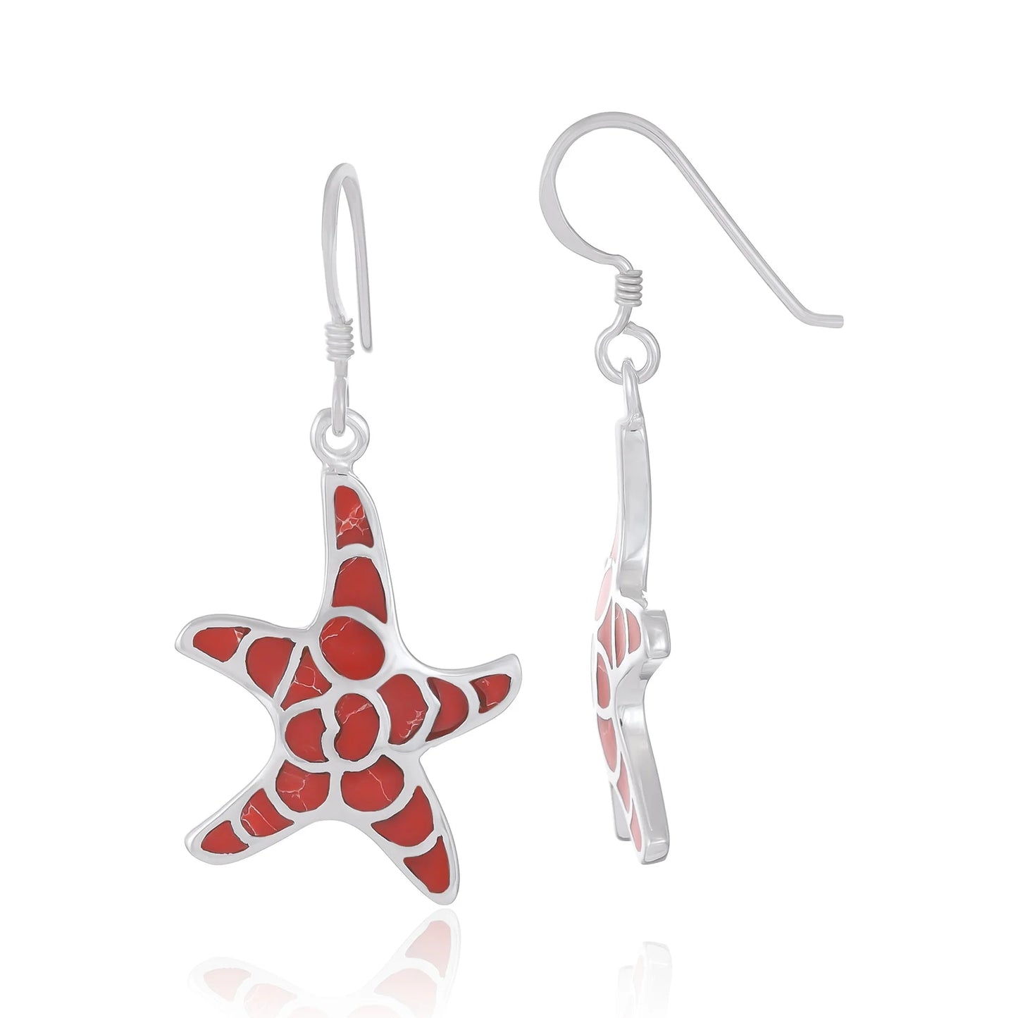 925 Sterling Silver Red Star Fish Drop Earrings