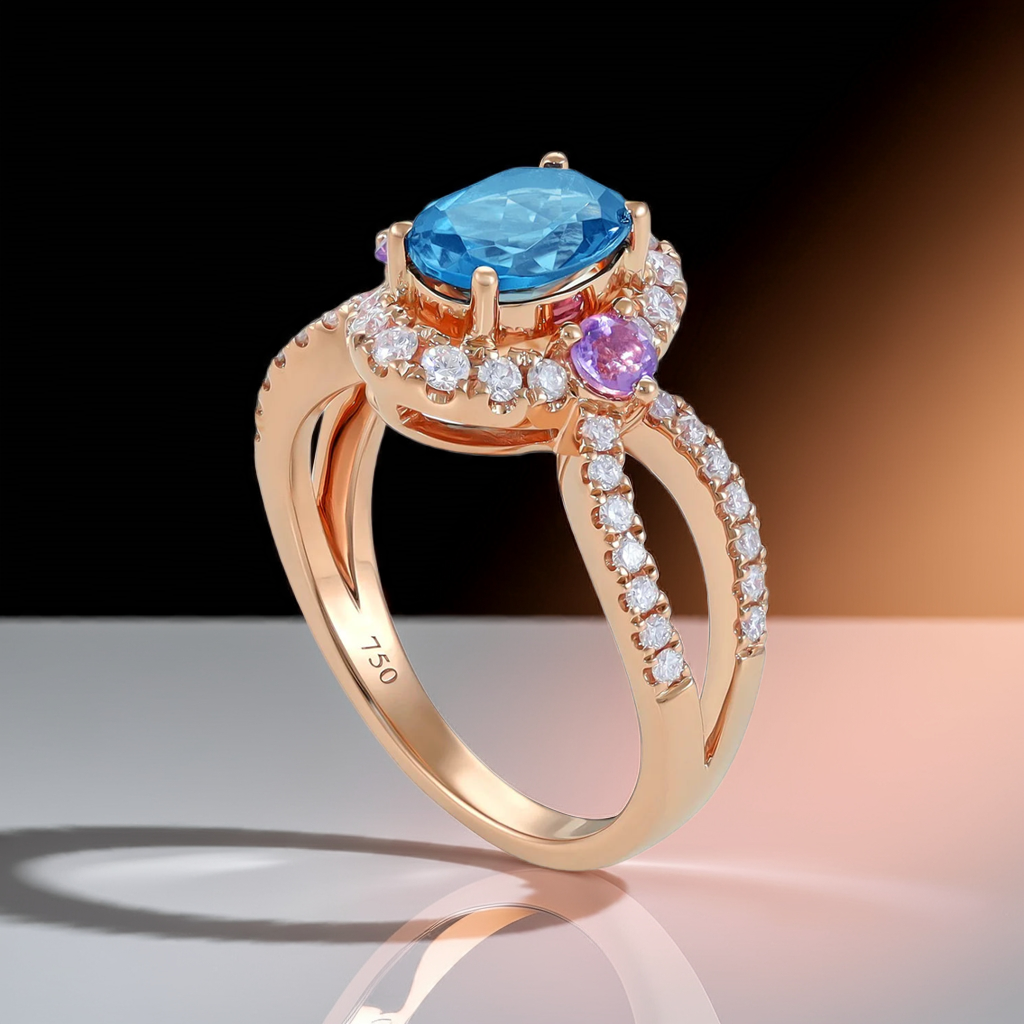 18ct Rose Gold Diamond Blue Topaz and Pink Amethyst Ring