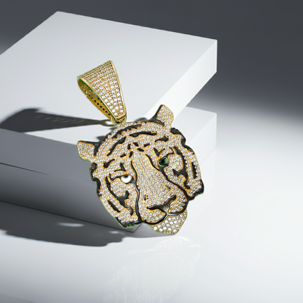 9ct Gold Cubic Zirconia Tiger Head Pendant