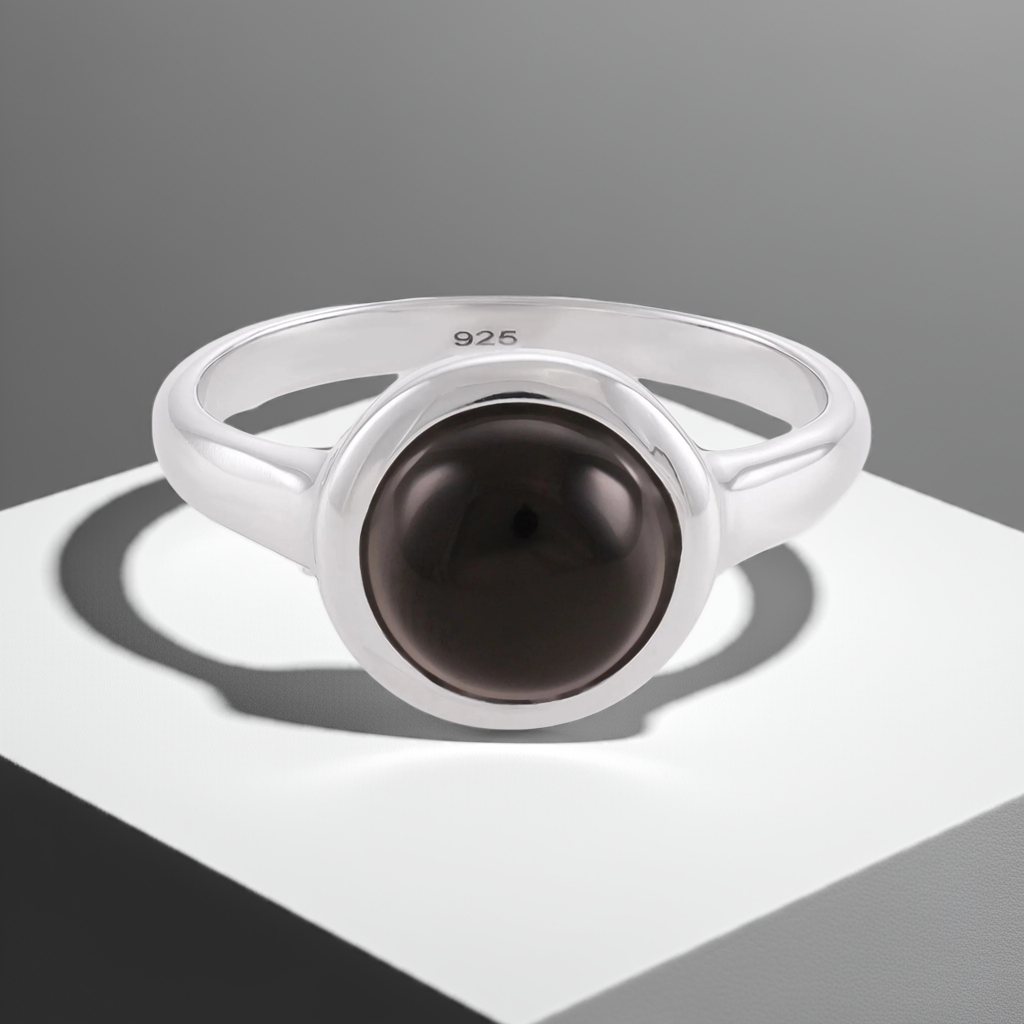 Silver rhodium plated ring with black onyx stone