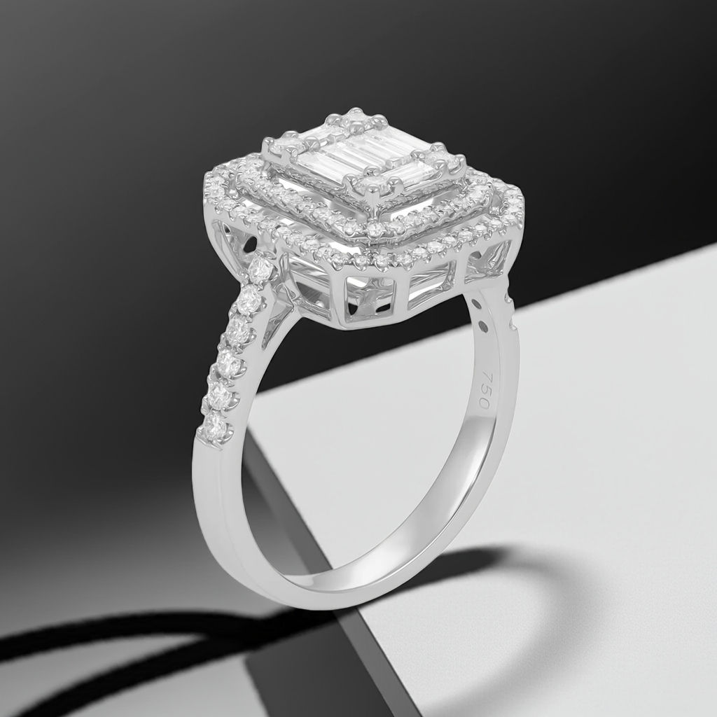 18ct White Gold Baguette & Round Diamond Double Halo Ring