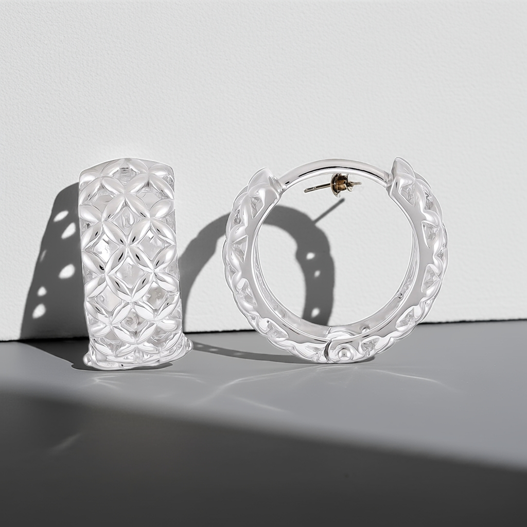 925 Sterling Silver Rhodium Plated Lattice Effect Earrings