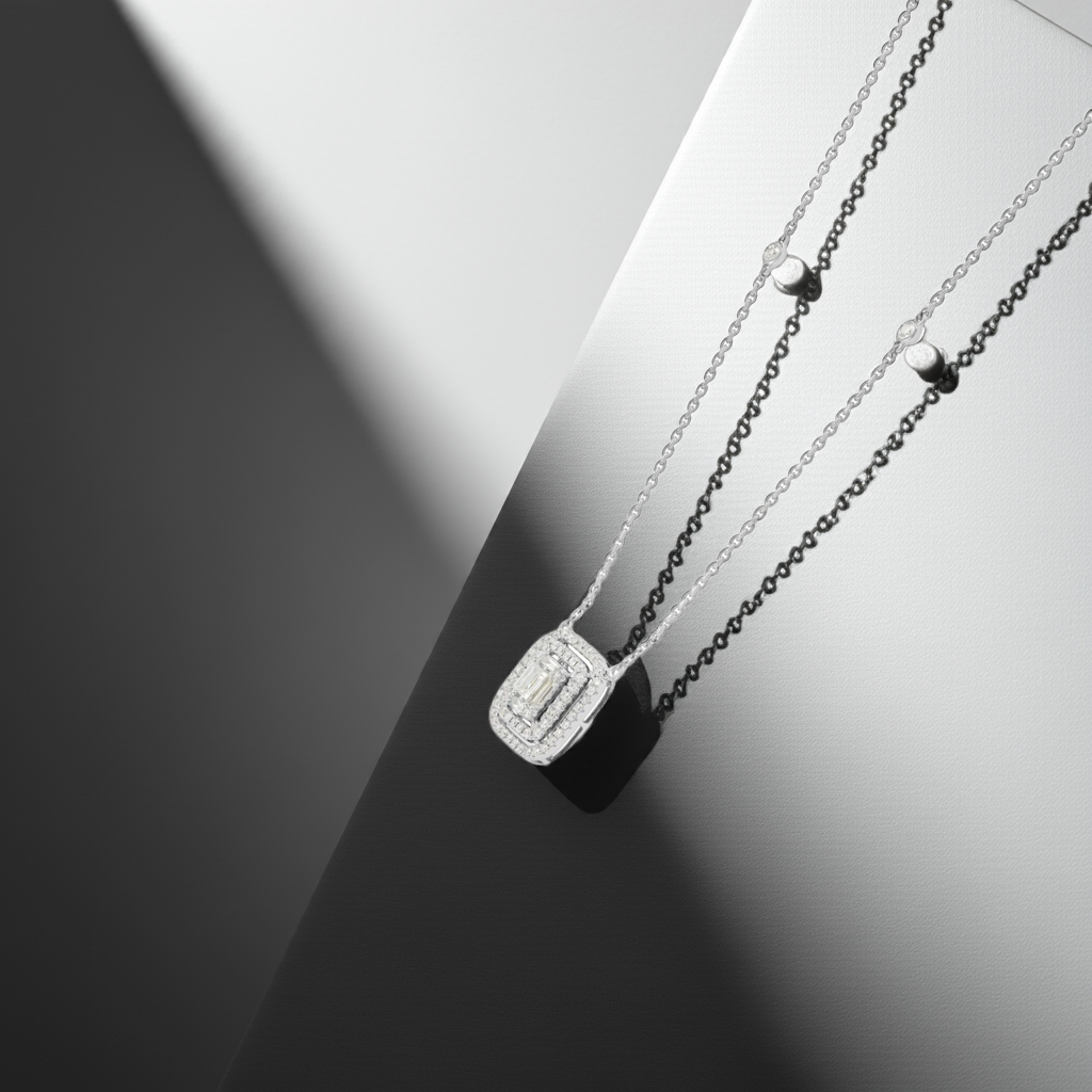 18ct White Gold Baguette & Round Diamond Double Halo Necklace