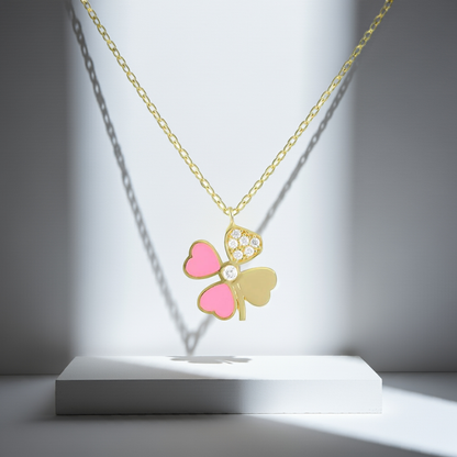 925 Sterling Silver Pink Cubic Zirconia Clover Necklace