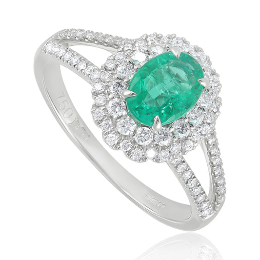 Gold Diamond and Emerald Double Halo Engagement Ring