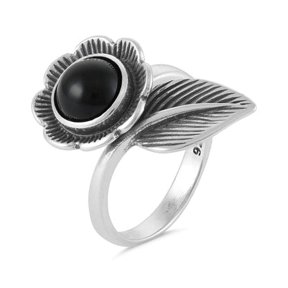 Sterling Silver Flower Green, Red and Black Gemstone Ring