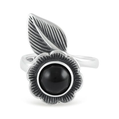 Sterling Silver Flower Green, Red and Black Gemstone Ring