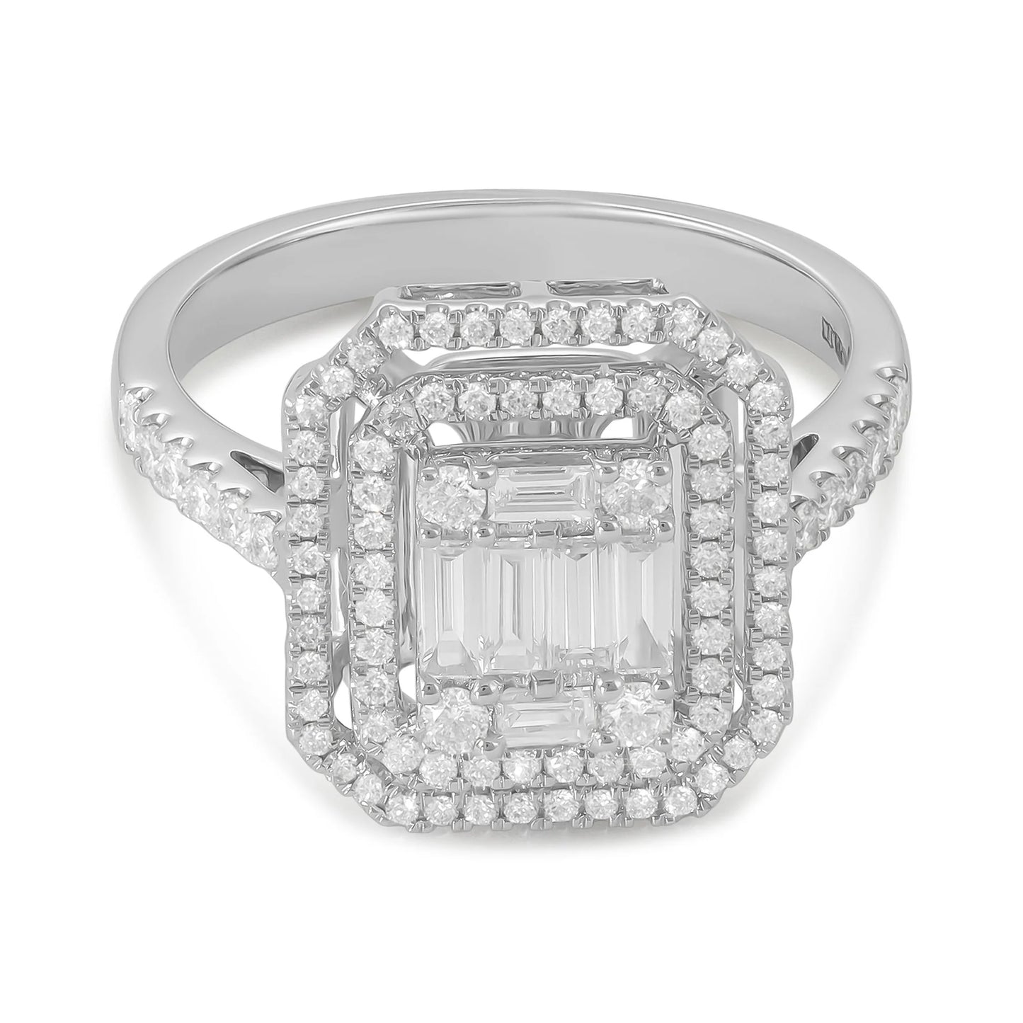 18ct White Gold Baguette & Round Diamond Double Halo Ring