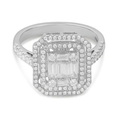 18ct White Gold Baguette & Round Diamond Double Halo Ring