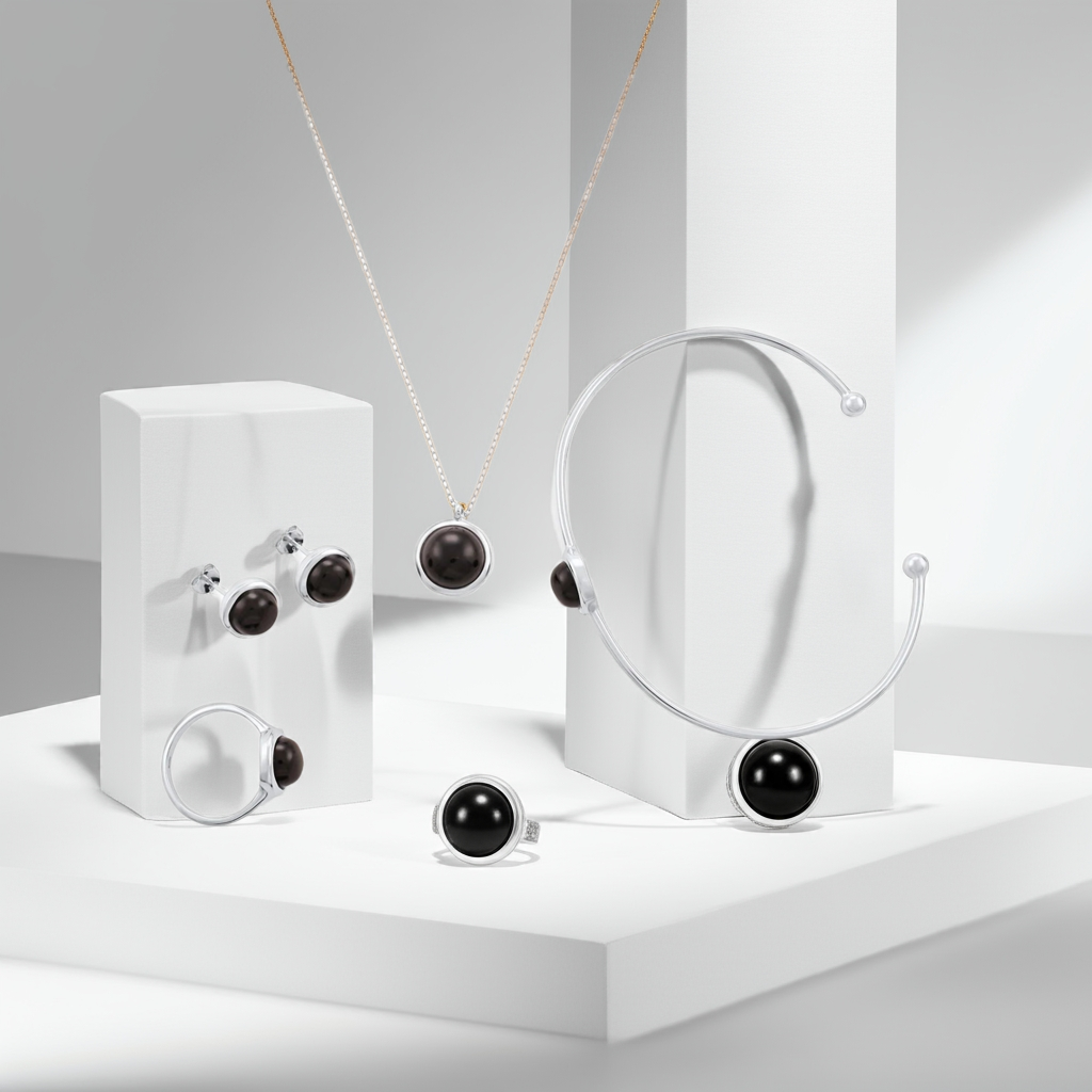 925 Sterling Silver Rhodium Plated Necklace with Black Quartz Stone
