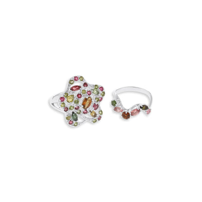 925 Silver Rhodium Plated Multi-tourmaline Flower Ring