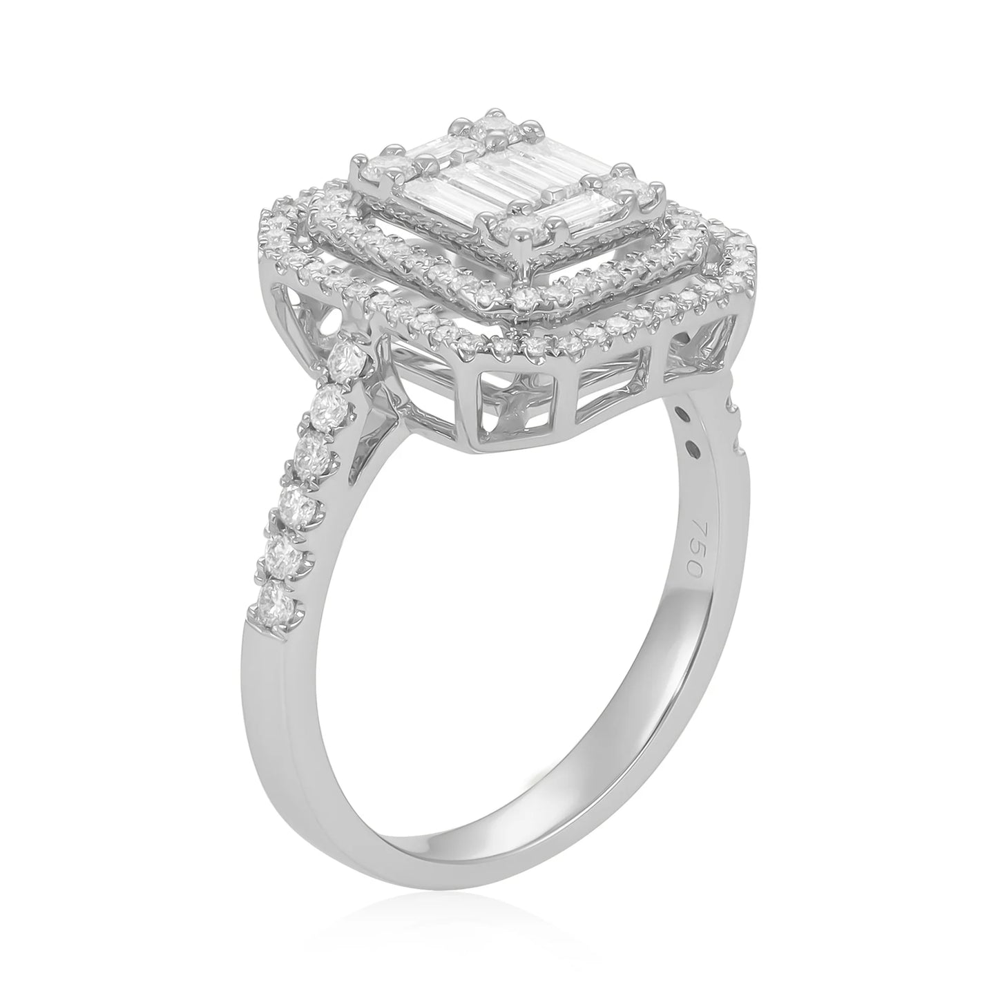 18ct White Gold Baguette & Round Diamond Double Halo Ring