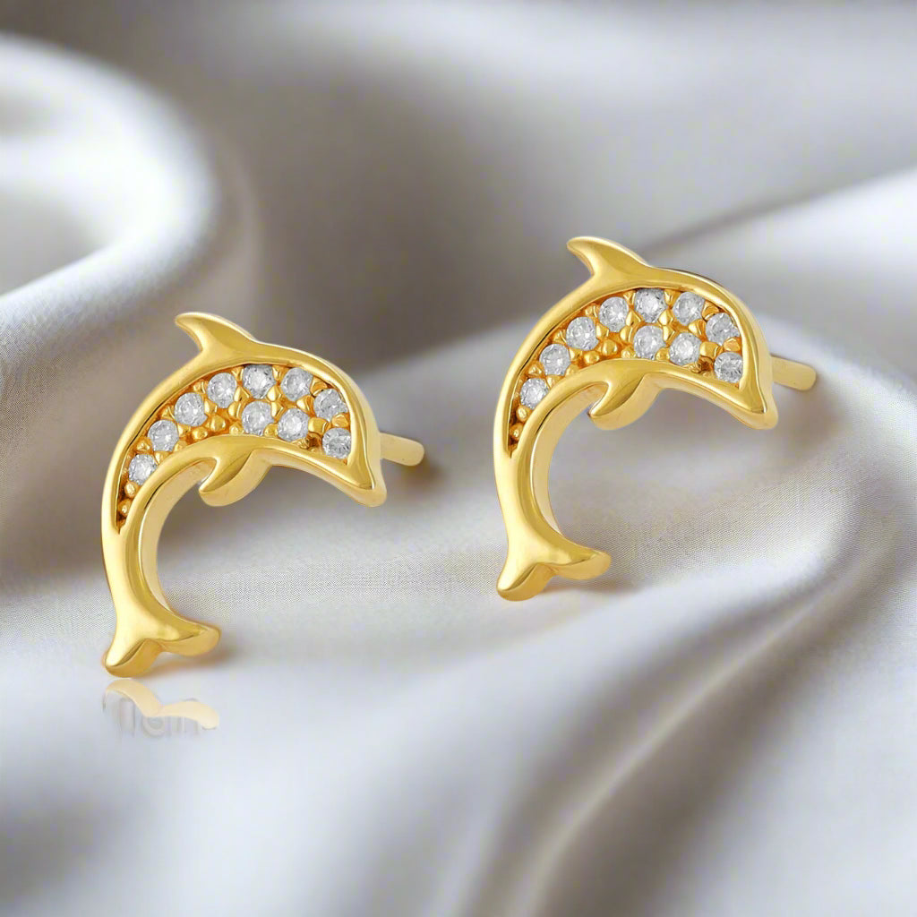 9ct Yellow Gold Cubic Zirconia Dolphin Stud Earrings