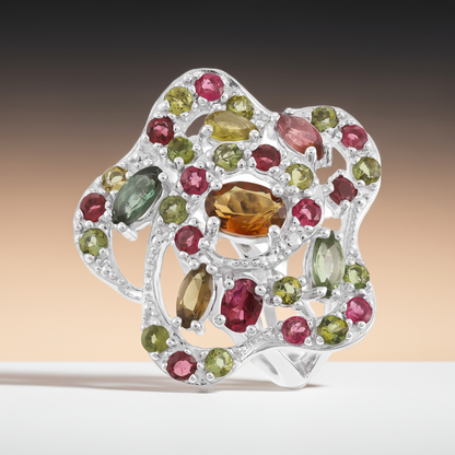 925 Silver Rhodium Plated Multi-tourmaline Flower Ring