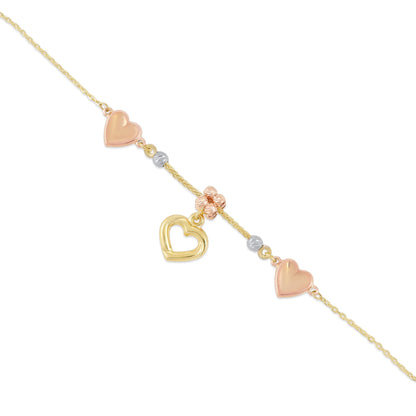 9ct Tri Colour Gold Heart Charm Bracelet