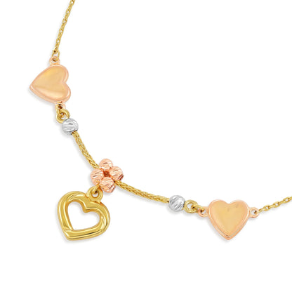9ct Tri Colour Gold Heart Charm Bracelet