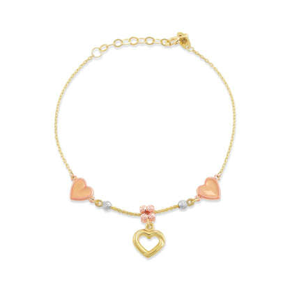 9ct Tri Colour Gold Heart Charm Bracelet
