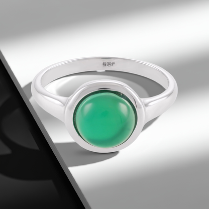 Silver rhodium plated ring with green agate stone