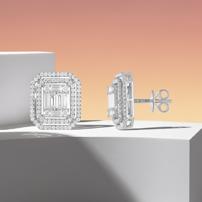 18ct White Gold Baguette & Round Diamond Double Halo Earring