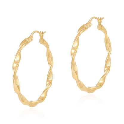 9ct Yellow Gold Twisted Detail Hoop Earrings - 34mm
