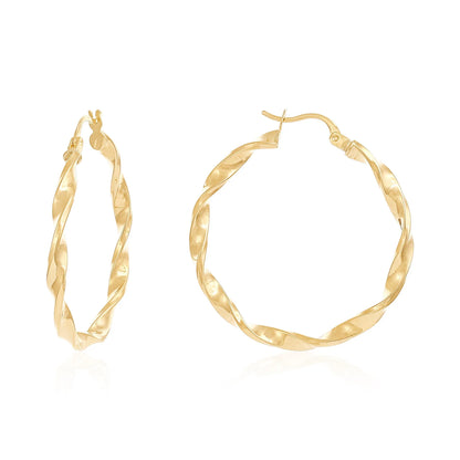 9ct Yellow Gold Twisted Detail Hoop Earrings - 34mm