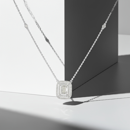 18ct White Gold Baguette & Round Diamond Double Halo Necklace
