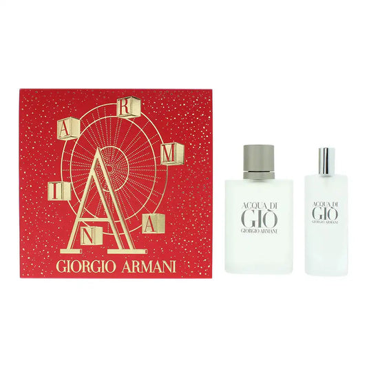 Two bottles of Acqua di Gio perfume by Giorgio Armani next to a red box with gold design.