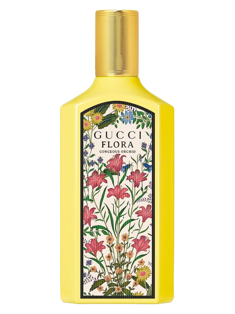 Gucci Flora perfume bottle with floral design on a white background