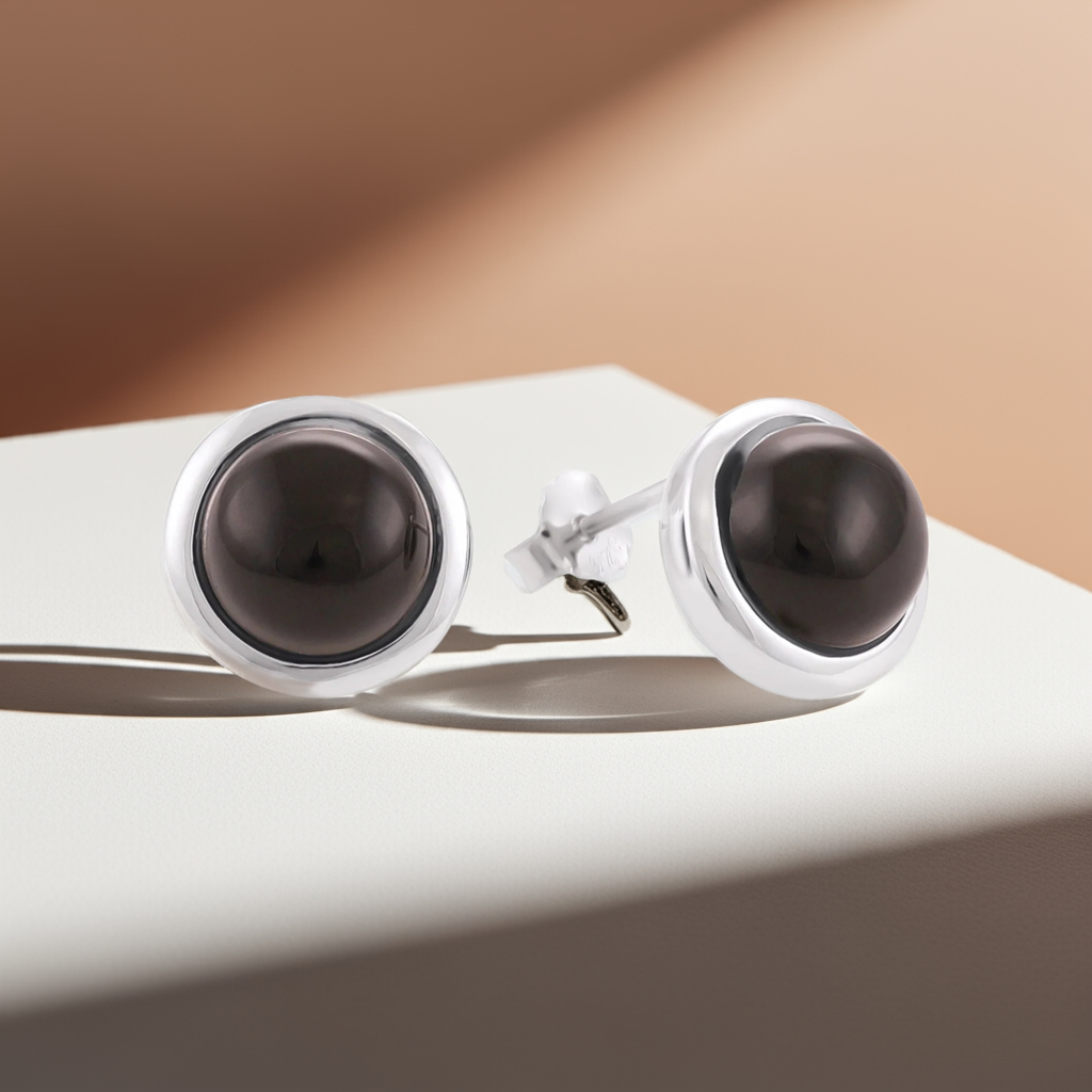 925 Sterling Silver Rhodium Plated Earrings with Black Onyx Stone