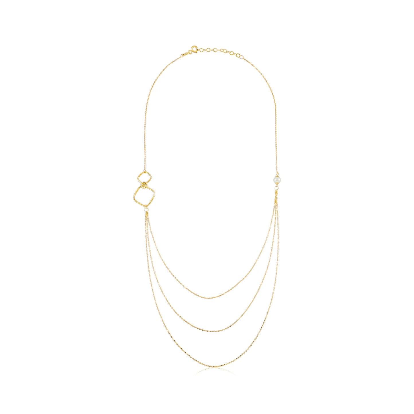 9ct Yellow Gold Square Detail Triple Chain and Pearl Necklace