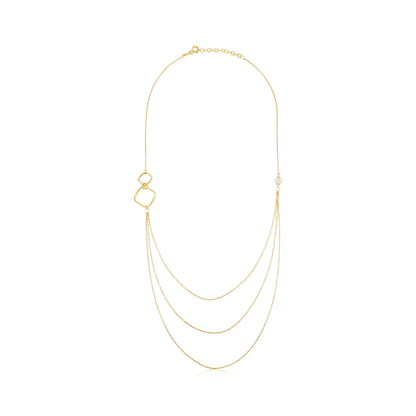 9ct Yellow Gold Square Detail Triple Chain and Pearl Necklace