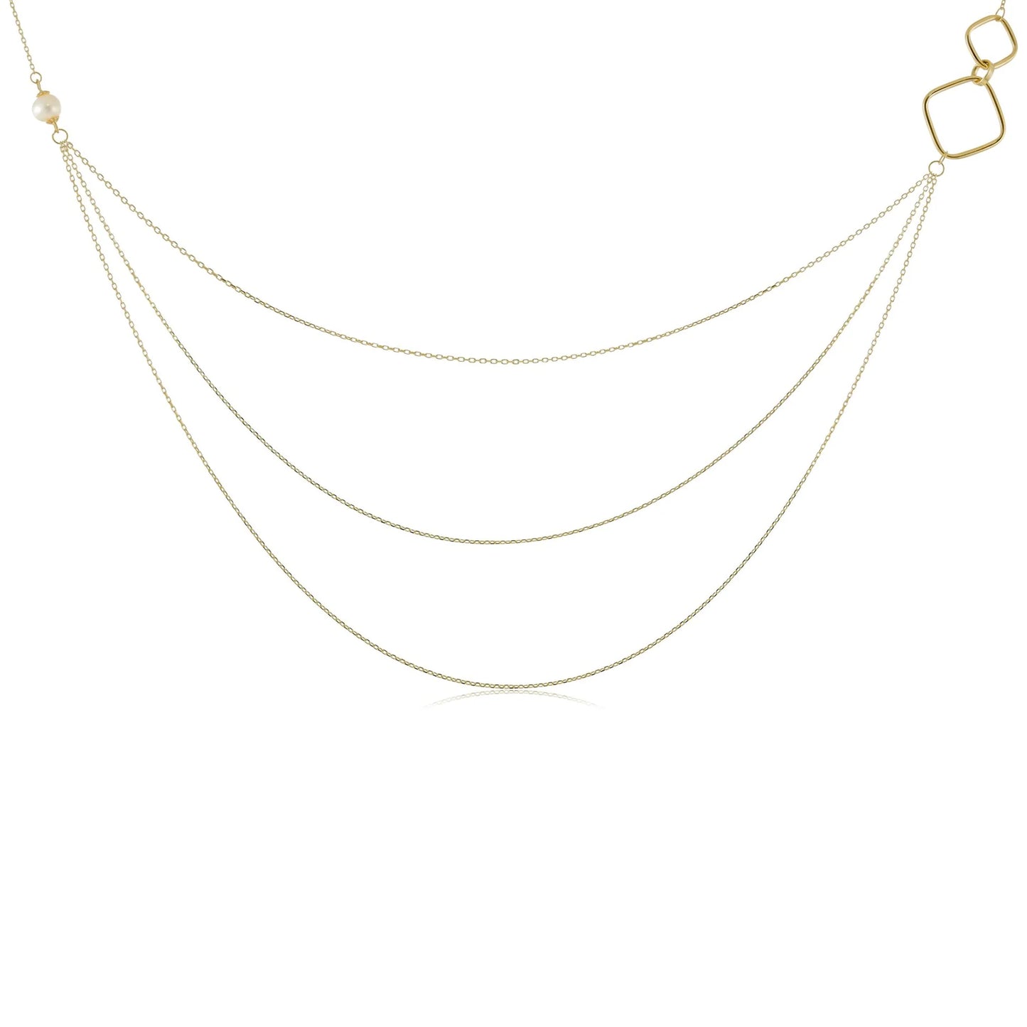 9ct Yellow Gold Square Detail Triple Chain and Pearl Necklace