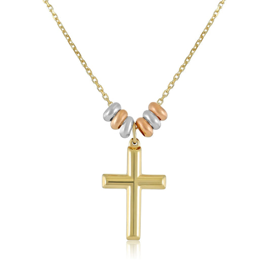 9ct Yellow Gold Tri Colour Bead Cross Pendant Necklace