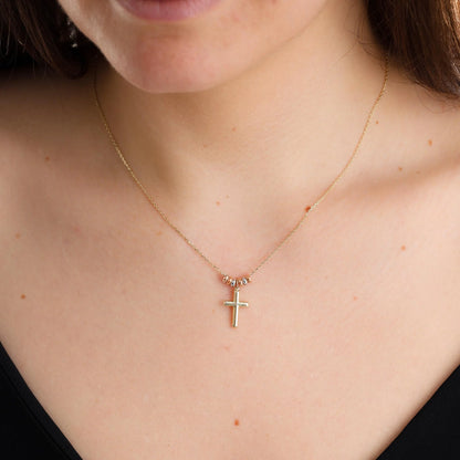 9ct Yellow Gold Tri Colour Bead Cross Pendant Necklace