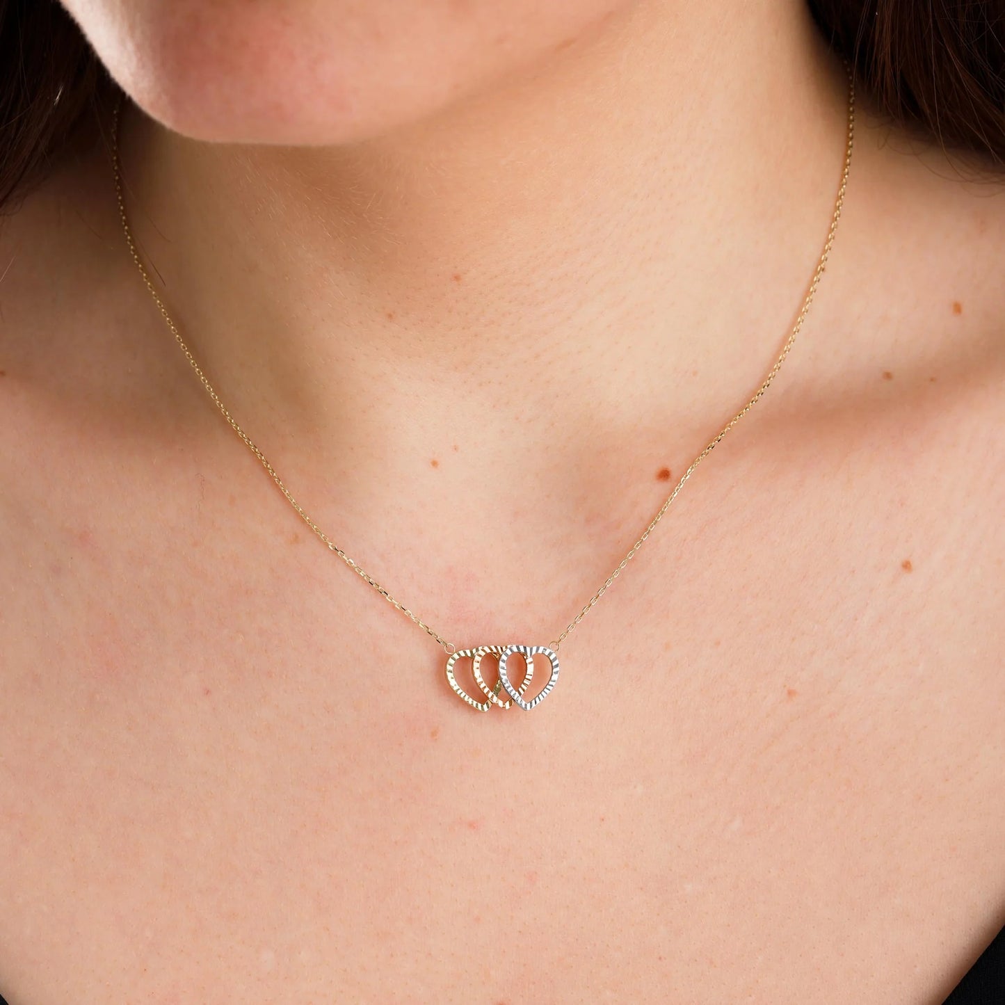 9ct Tri Colour Gold Triple Heart Pendant Necklace
