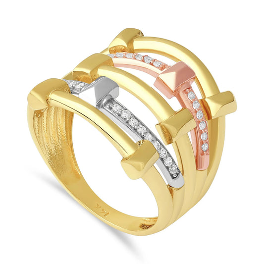 14ct Tri Colour Gold Cubic Zirconia Caged Ring