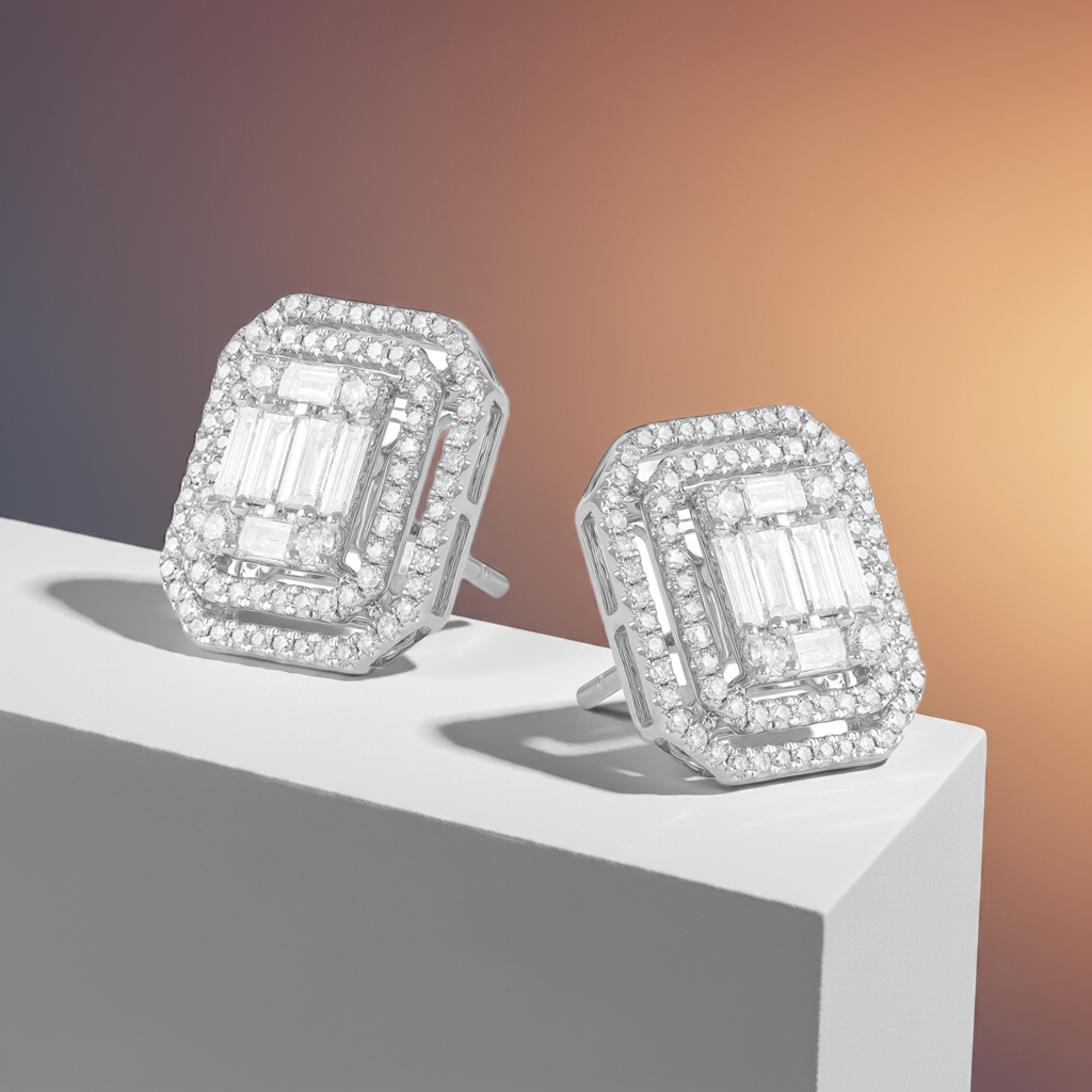 18ct White Gold Baguette & Round Diamond Double Halo Earring