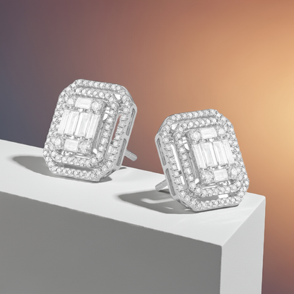 18ct White Gold Baguette & Round Diamond Double Halo Earring