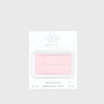 Pink spray bottle labeled 'Wind Flowers' in a white packaging on a light gray background