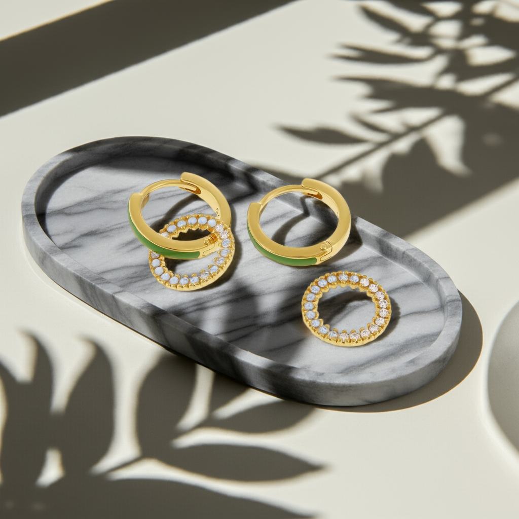 18ct 1 Micron Gold Plated Silver Enamel Hoop Cubic Zirconia Earrings