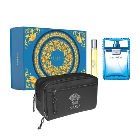 Versace perfume set with black pouch, blue box, and two bottles on a white background