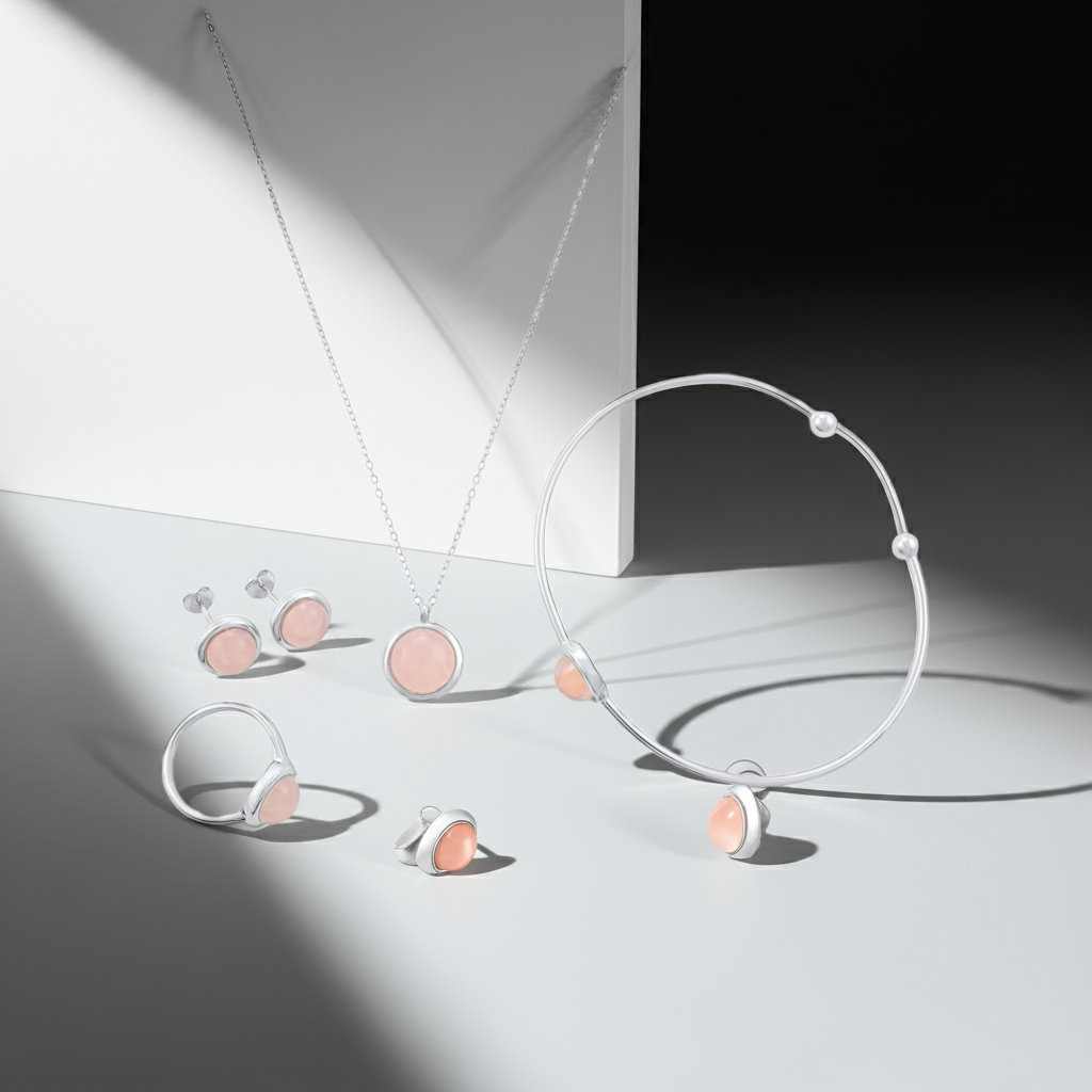 925 Sterling Silver Rhodium Plated Necklace with Rose Quartz Stone