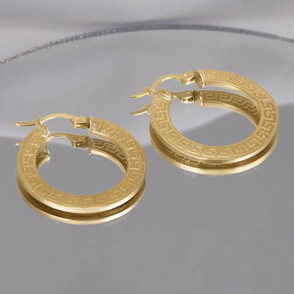 9ct Yellow Gold Greek Key Hoop Earrings