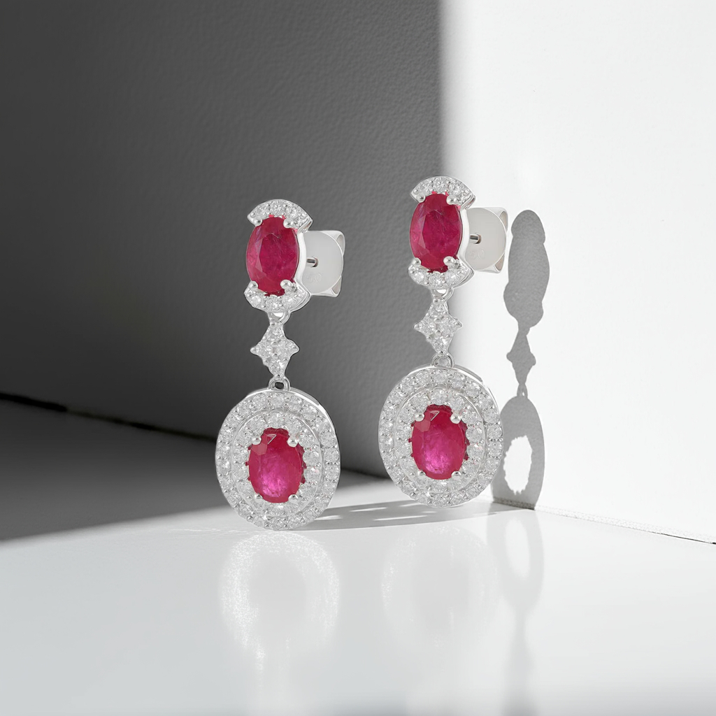 18ct White Gold Diamond and Ruby Drop Earrings