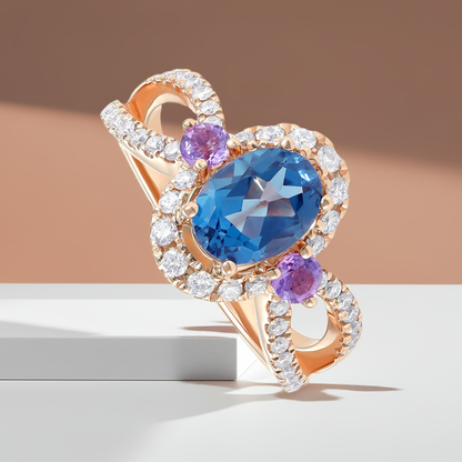 18ct Rose Gold Diamond Blue Topaz and Pink Amethyst Ring